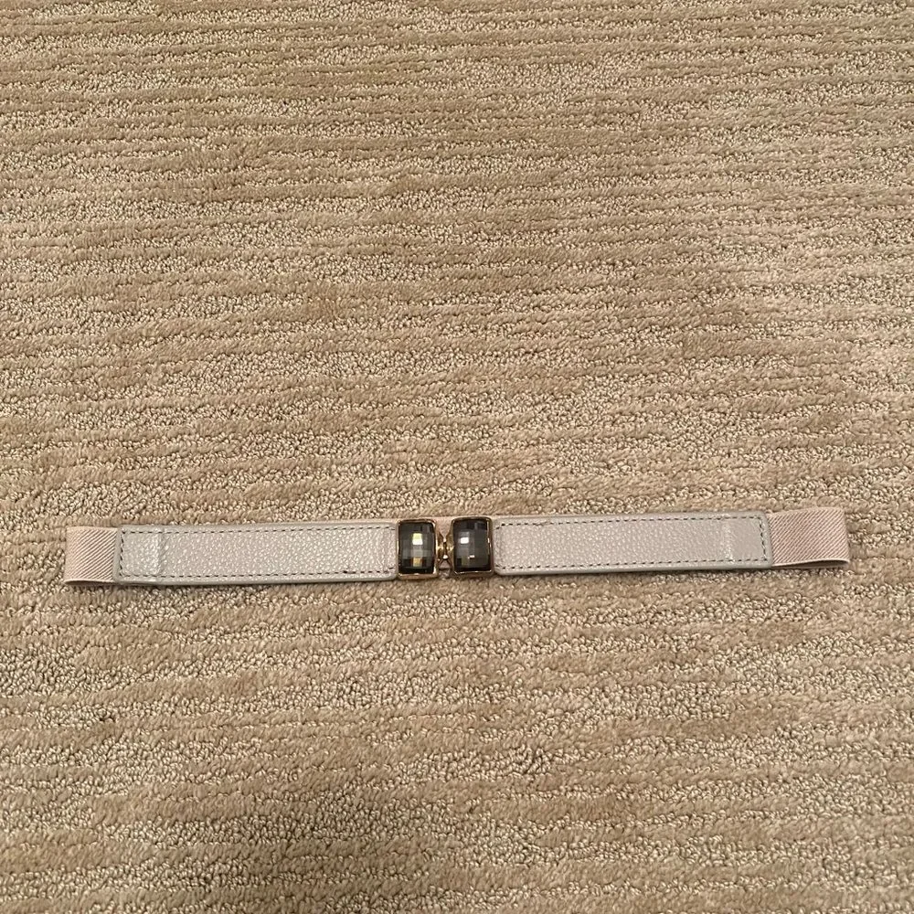 Elise M. Cream Leather Elastic Belt with Gold Gem Buckle